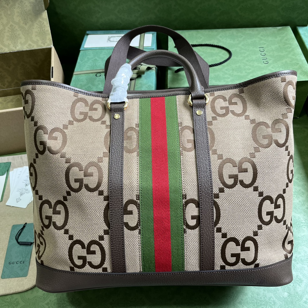 Gucci Unisex Jumbo GG Medium Tote Bag Camel Ebony Canvas Double G