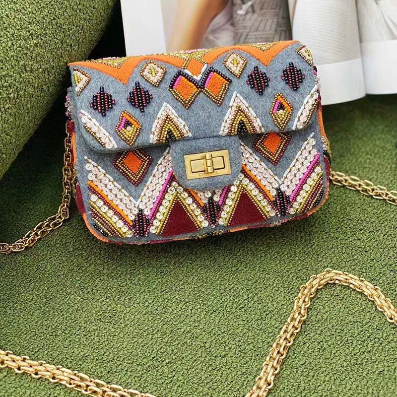 Chanel Women CC Only 1 Bag Set Of 4 Minis Bags Blue Lambskin Sequins Glass Pearls