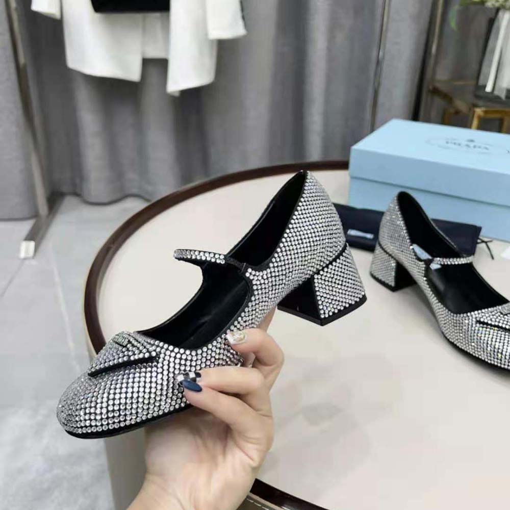 Prada Women Satin Pumps with Crystals in 45mm Heel Height-Silver