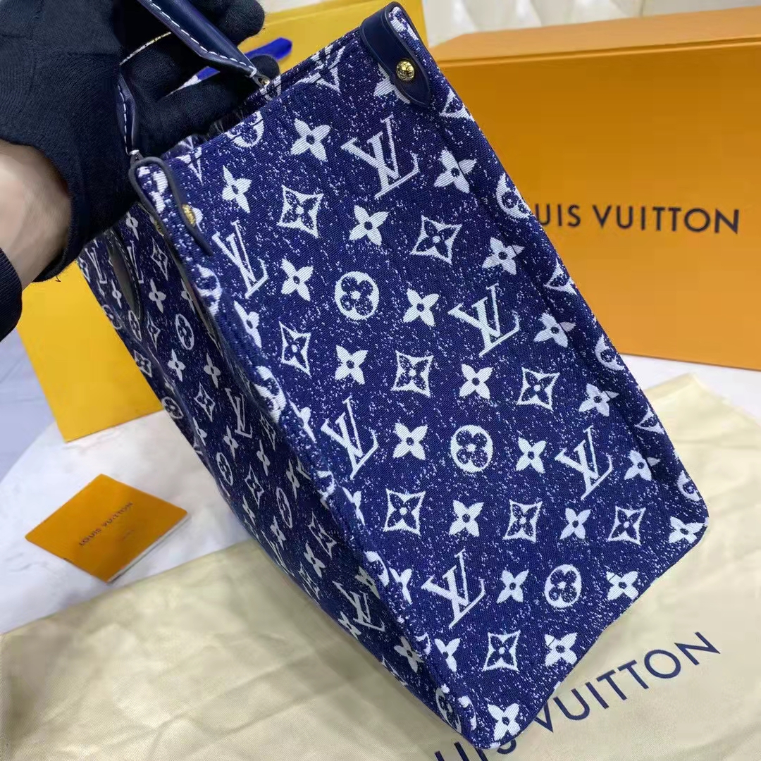 Louis Vuitton LV Unisex Onthego MM Tote Navy Blue Denim Jacquard Textile Calf