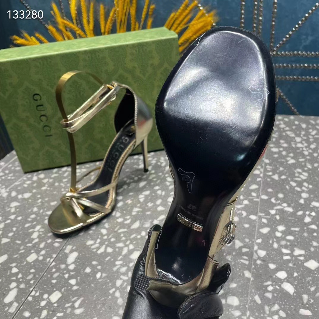 Gucci Women GG Strappy Sandal Double G Metallic Platinum Leather Crystal High 11 CM Heel