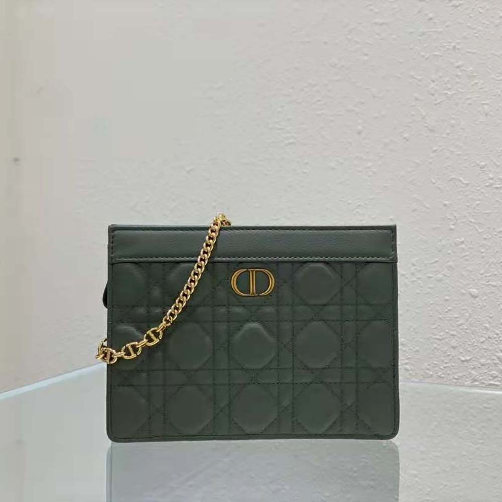 Dior Women Caro Zipped Pouch with Chain Cedar Green Supple Cannage Calfskin