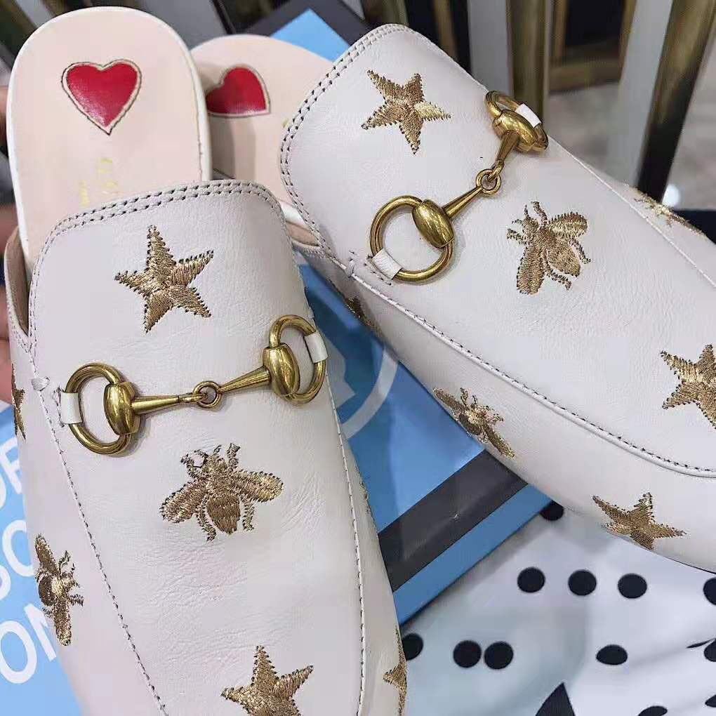 Gucci Women Princetown Embroidered Leather Slipper 1.27cm Heel-White