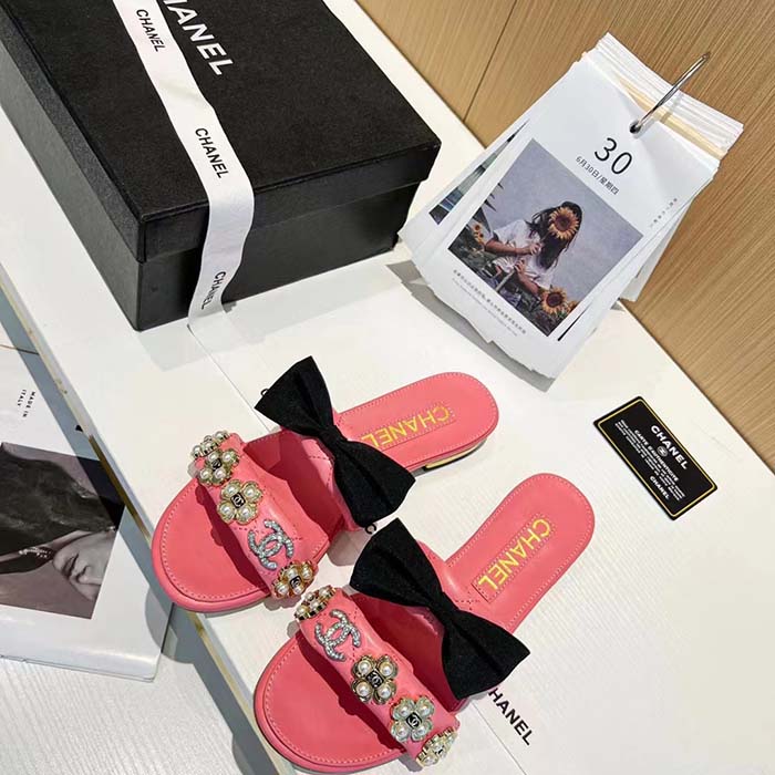 Chanel Women Mules Lambskin Pink Black 1.5 Cm Heel