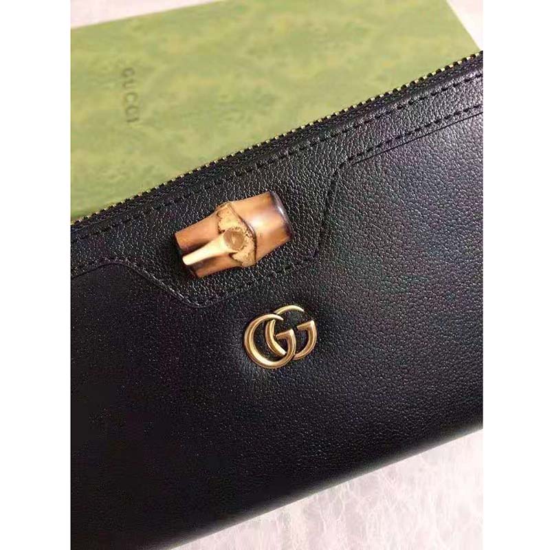 Gucci Women Gucci Diana Continental Wallet Double G Black Leather Bamboo Detail