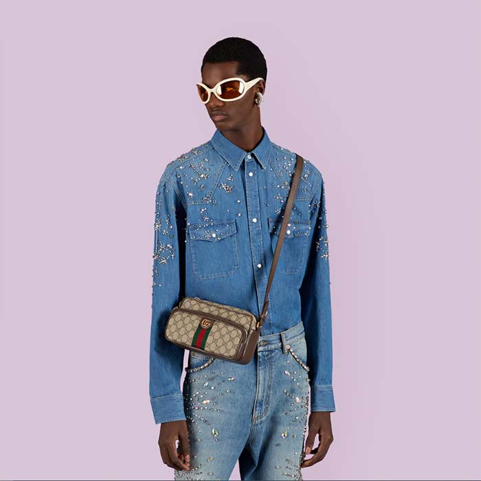 Gucci Unisex GG Ophidia Small Messenger Bag Beige Ebony GG Supreme Canvas