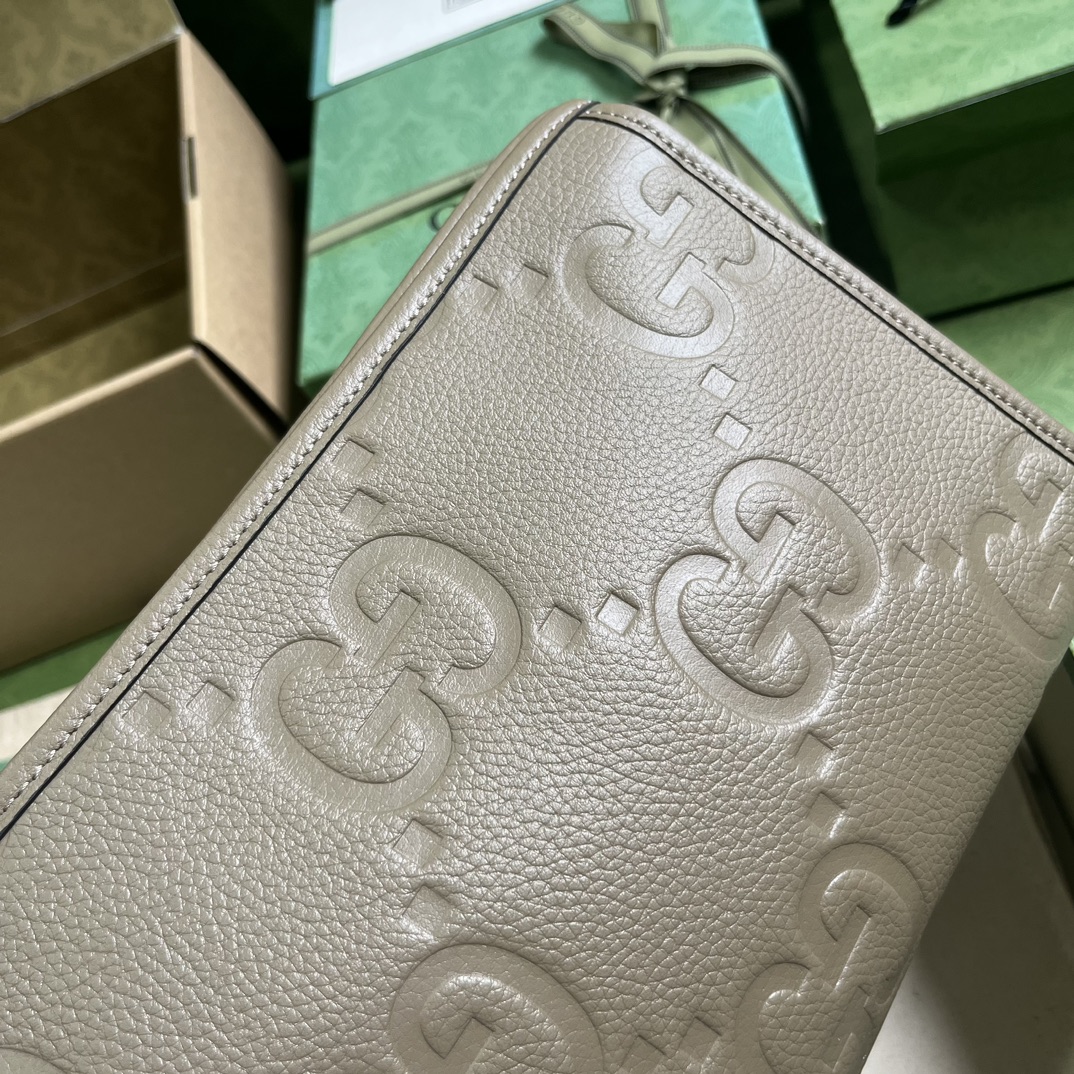 Gucci Unisex Jumbo GG Pouch Taupe Jumbo GG Leather Moiré Lining
