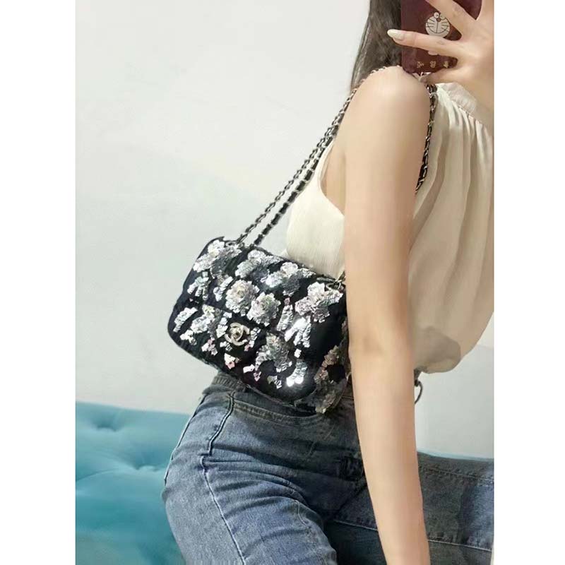 Chanel Women CC Classic Handbag Embroidered Velvet Sequins Silver-Tone Metal Black Silver