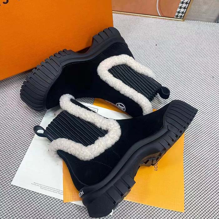 Louis Vuitton Women Shoes LV Ruby Flat Ankle Boot Black Suede Calf Leather Shearling