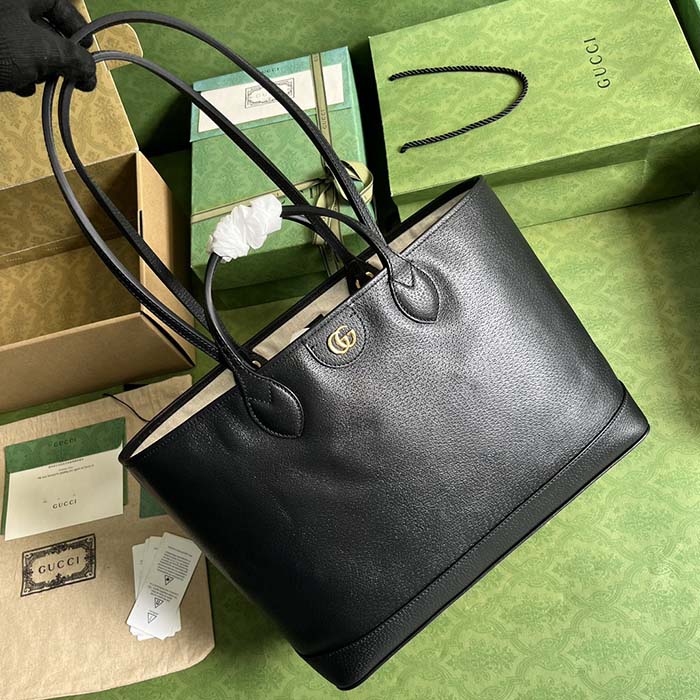 Gucci Unisex GG Ophidia Medium Tote Bag Black Leather Double G