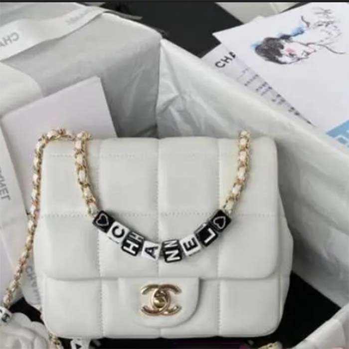 Chanel Women CC Small Flap Bag Grained Calfskin Gold Tone Metal White