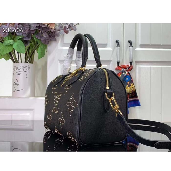 Louis Vuitton LV Women Speedy Bandoulière 25 Handbag Black Monogram Empreinte Grained Cowhide Leather Studs