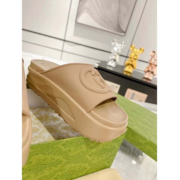 Gucci Unisex Interlocking G Slide Sandal Brown GG Rubber Low 4.3 CM Heel