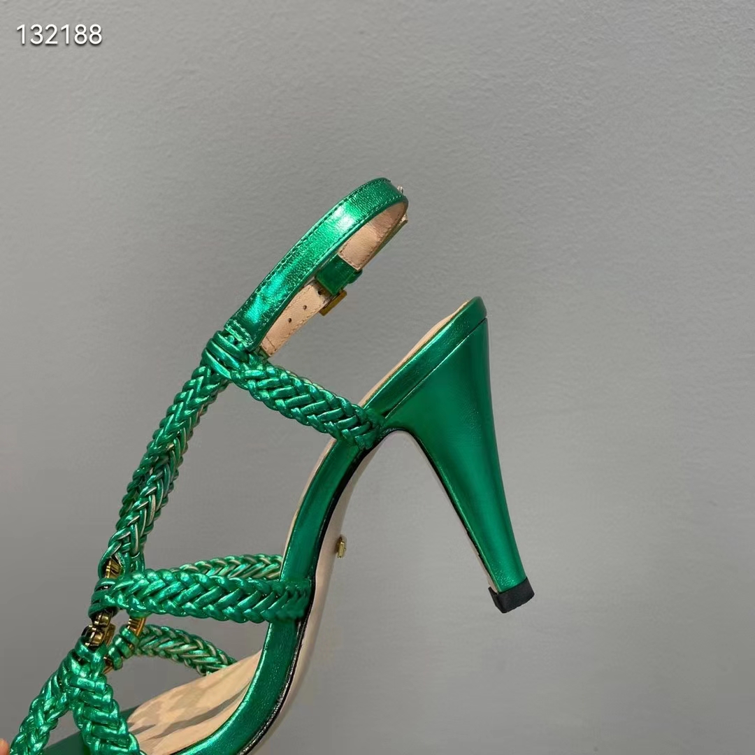 Gucci Women GG Cystal Interlocking G Sandal Green Metallic Braided High 9 CM Heel