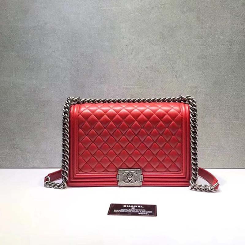 Chanel Women Large Leboy Flap Bag with Chain in Calfskin Leather-Red