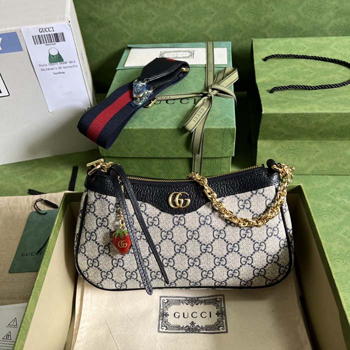 Gucci Women Ophidia GG Small Handbag Beige Blue GG Supreme Canvas Double G