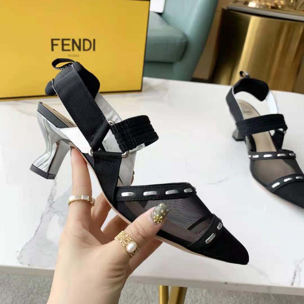 Fendi Women Colibri Black Mesh Medium-Heel Slingbacks with Metal Stitches
