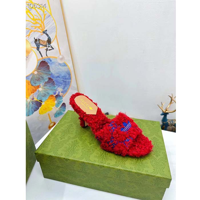 Gucci Women Adidas x Gucci Slide Sandal Red GG Trefoil Shearling-Effect Fabric