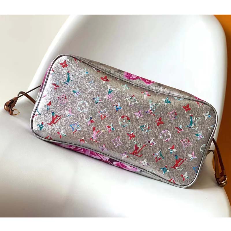 Louis Vuitton LV Women Neverfull MM Tote Bag Silver Coated Canvas Cowhide Leather