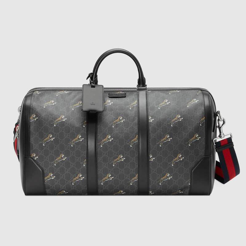 Gucci GG Men Gucci Bestiary Carry-On Duffle with Tigers in Black/Grey Soft GG Supreme