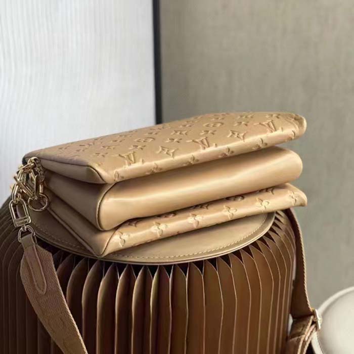 Louis Vuitton LV Women Coussin PM Handbag Camel Monogram Embossed Puffy Lambskin Calfskin Leather