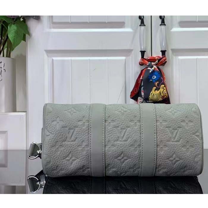 Louis Vuitton LV Unisex Keepall Bandoulière 25 Mineral Gray Embossed Taurillon Monogram Cowhide Leather