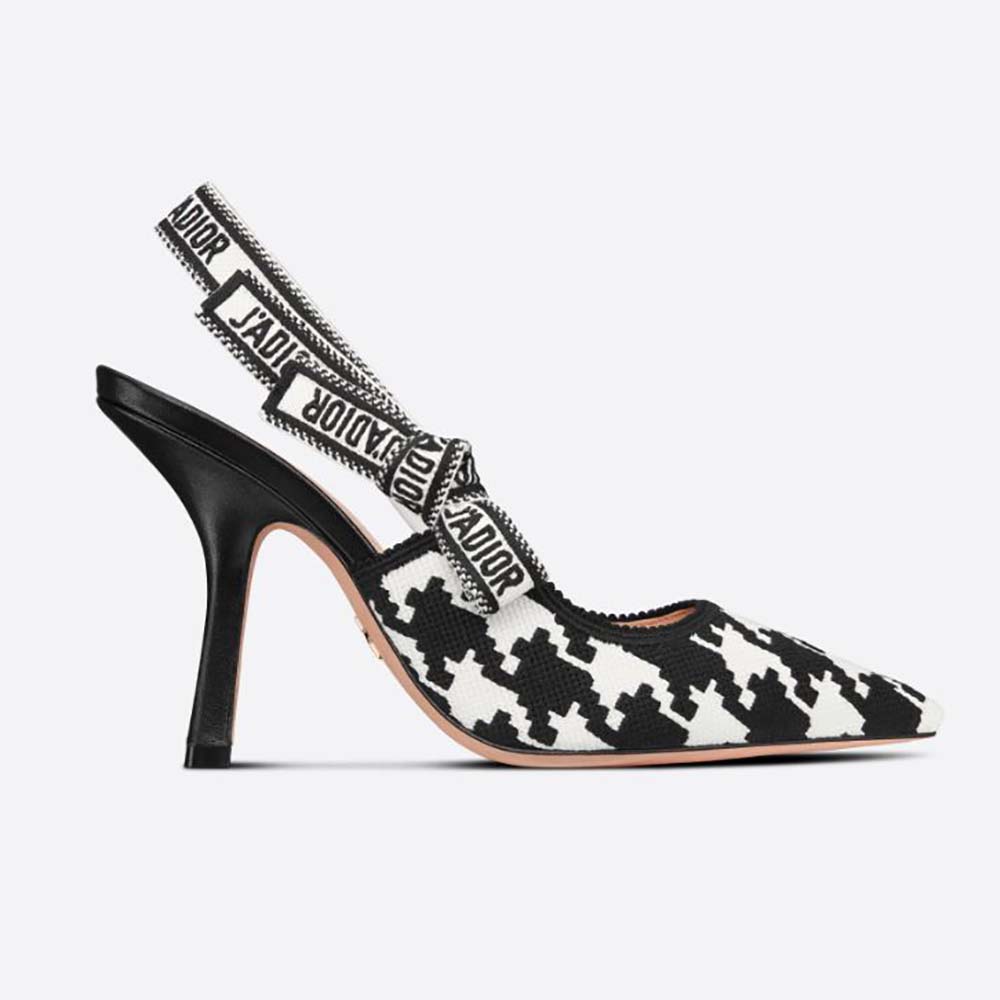 Dior Women J’Adior Slingback Pump Black and White Cotton Embroidery with Macro Houndstooth Motif