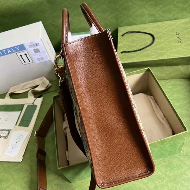 Gucci Unisex Medium Tote Carnation Print Beige Ebony GG Supreme Canvas