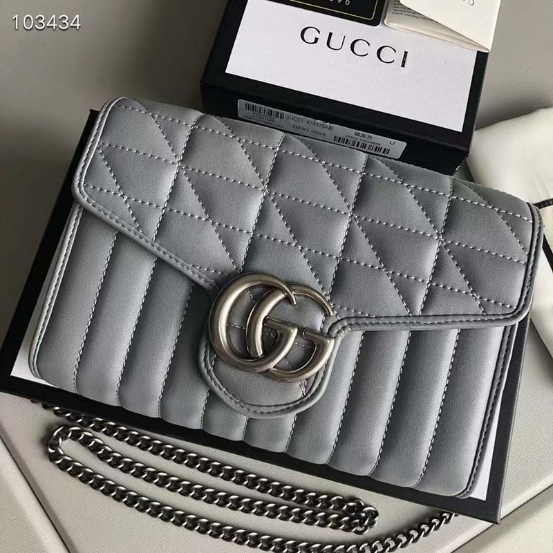 Gucci Women GG Marmont Matelassé Mini Bag Grey Leather Double G