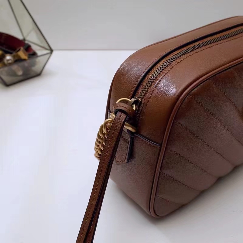 Gucci Women GG Marmont Small Matelassé Shoulder Bag Brown Leather Double G