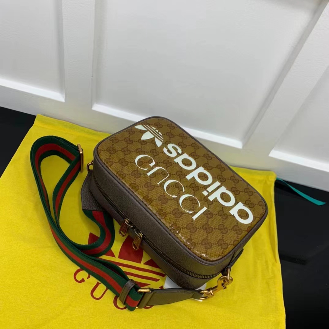 Gucci Unisex Adidas x Gucci Small Shoulder Bag Beige Brown GG Crystal Canvas