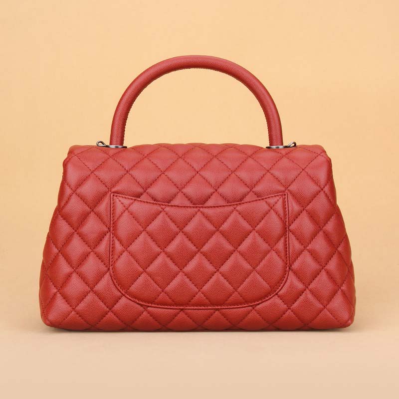 Chanel Women Flap Bag with Top Handle in Grained Calfskin Leather-Red