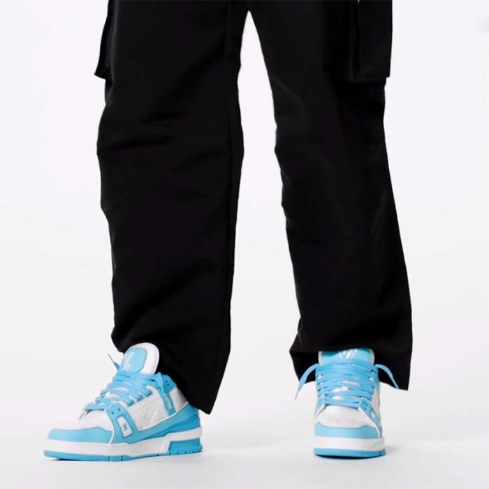 Louis Vuitton Unisex LV Trainer Sneaker Blue Mix Materials Rubber Initials Monogram Flowers