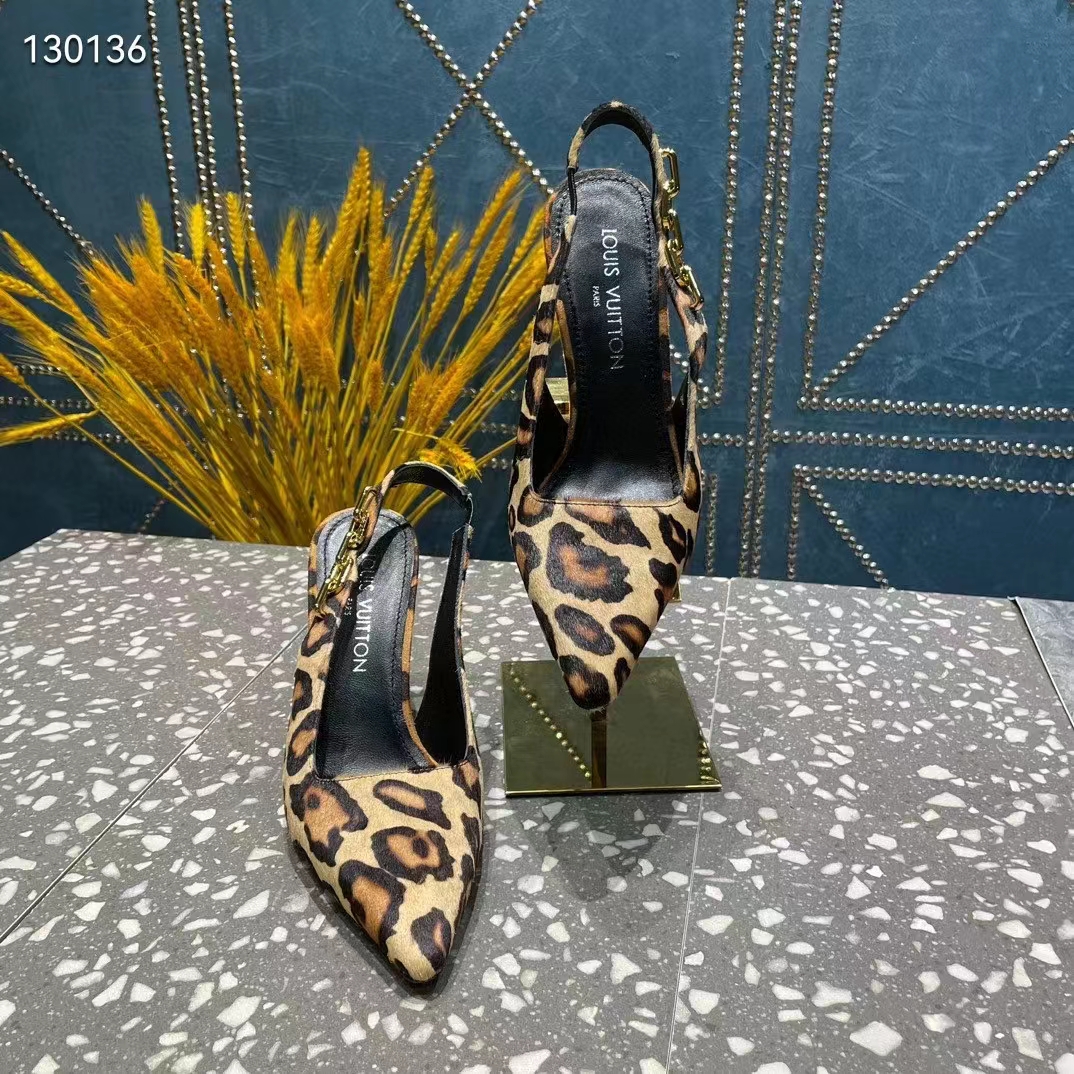 Louis Vuitton LV Women Sparkle Slingback Camel Brown Printed Satin Leather 9.5 Cm Heel