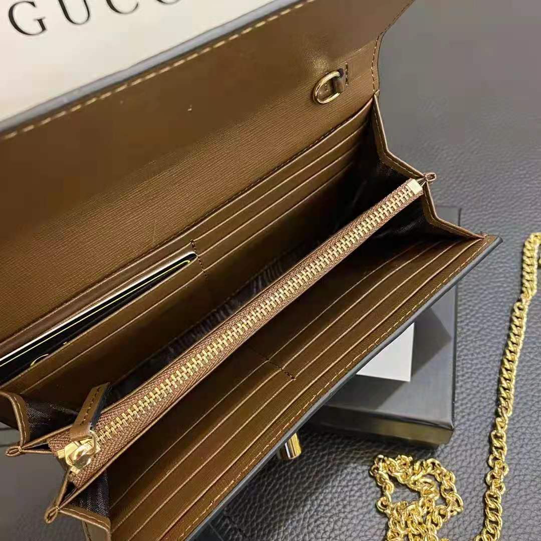 Gucci Women Jackie 1961 Chain Wallet Beige and Ebony GG Supreme Canvas