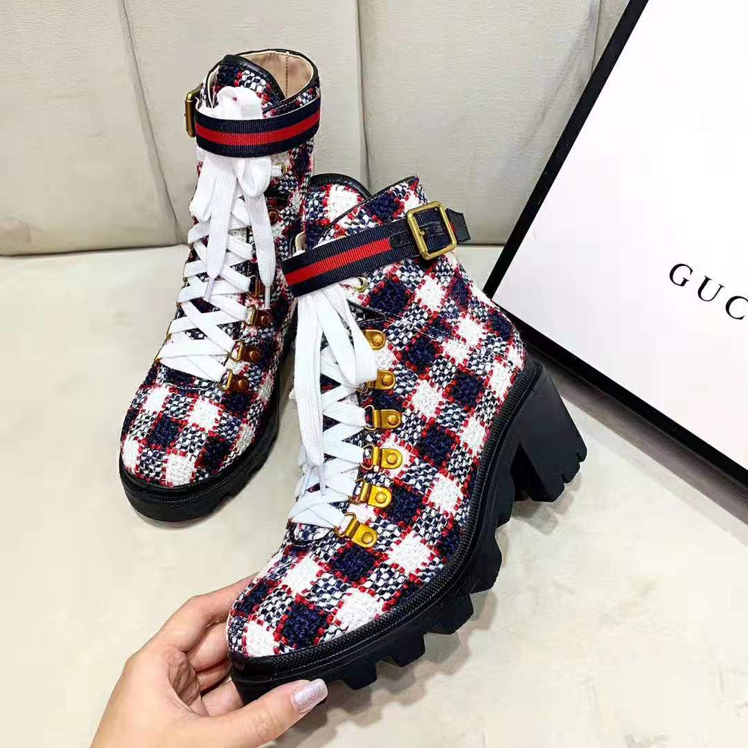 Gucci Women Gucci Zumi GG Check Tweed Ankle Boot in Blue White and Red