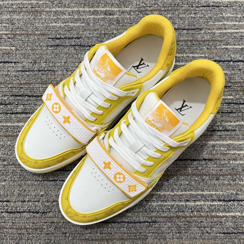 Louis Vuitton Unisex LV Trainer Sneaker Yellow Monogram Denim Rubber Outsole Monogram Flowers