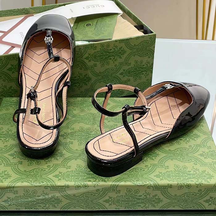 Gucci Women GG Double G Ballet Flat Black Patent Leather Square Toe