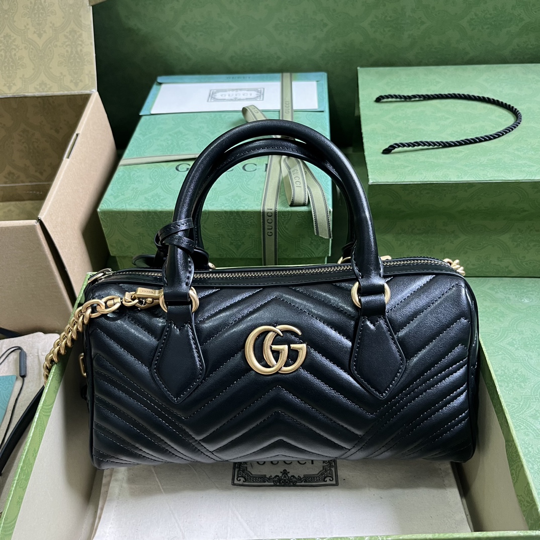 Gucci Women GG Marmont Small Top Handle Bag Black Matelassé Chevron Leather