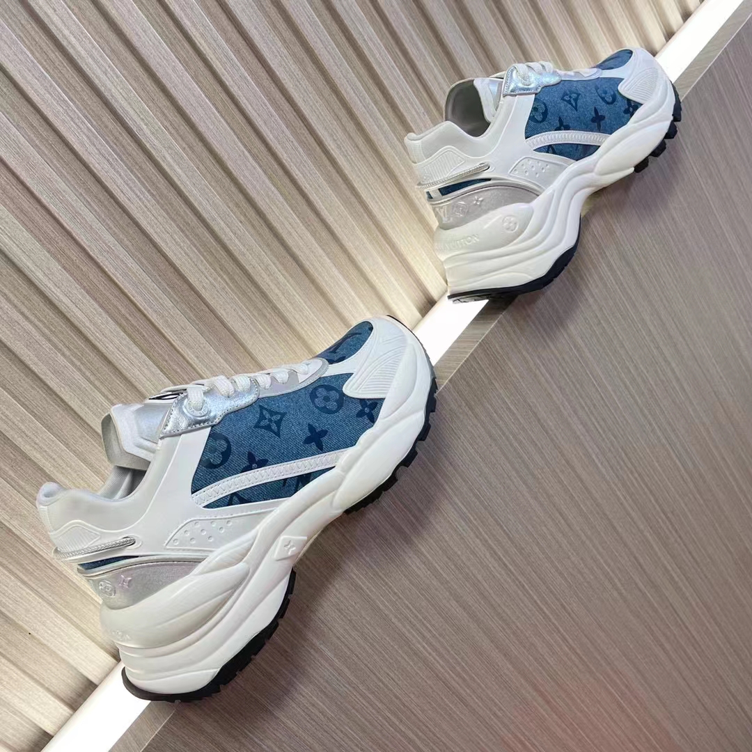 Louis Vuitton Unisex Run 55 Sneaker Denim Blue Monogram Flowers Lifted Rubber LV Circle Initials