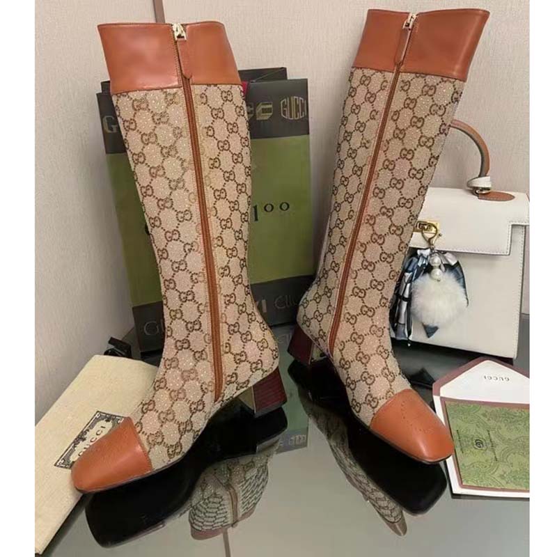 Gucci Blondie Women’s Boot Crystals Beige Ebony GG Canvas Low 5 Cm Heel