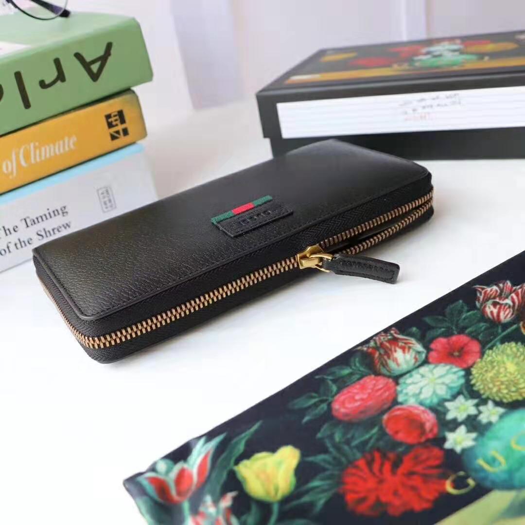 Gucci GG Unisex Leather Zip Around Wallet with Web in Black Leather