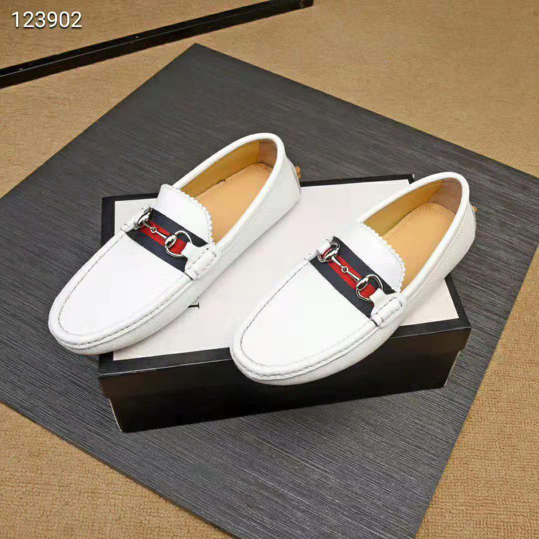 Gucci Men Leather Driver with Web-White