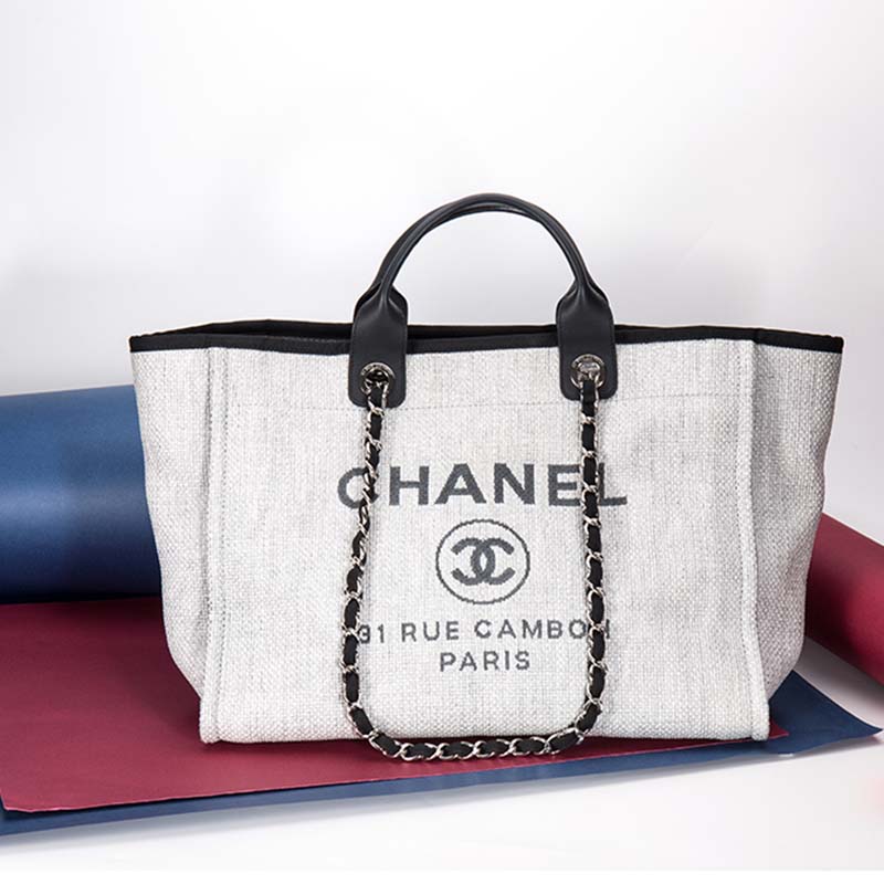 Chanel Women Deanville Shopping Bag Mummy Bag in Canvas and Leather-Grey