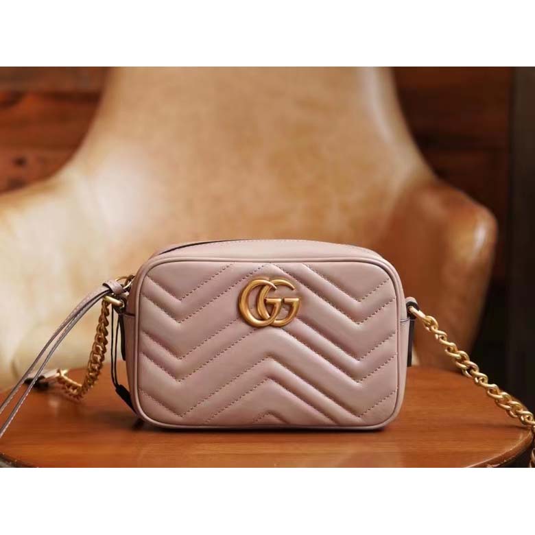 Gucci Women GG Marmont Matelassé Mini Bag Dusty Pink Matelassé Chevron Leather