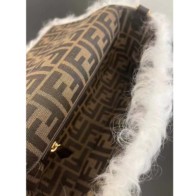 Fendi Women FF Baguette Brooch White Mohair Wool Bag