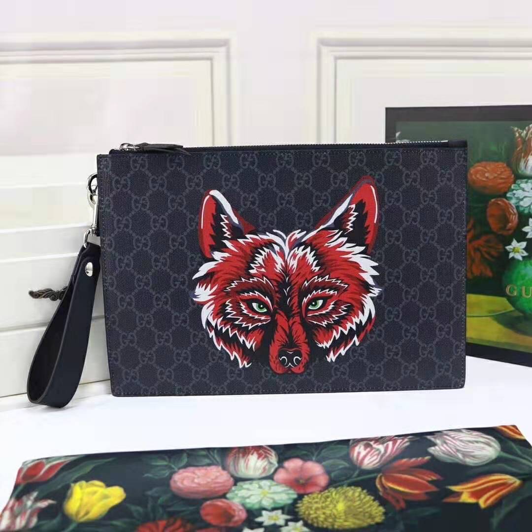 Gucci GG Men Gucci Bestiary Pouch with Wolf in Black and Grey GG Supreme Canvas