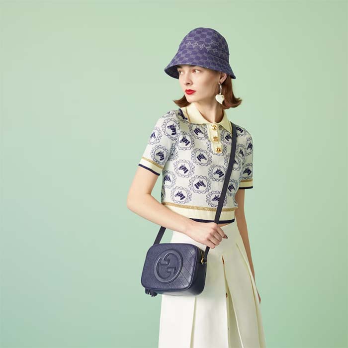 Gucci Women GG Blondie Small Shoulder Bag Blue Navy Leather Round Interlocking G