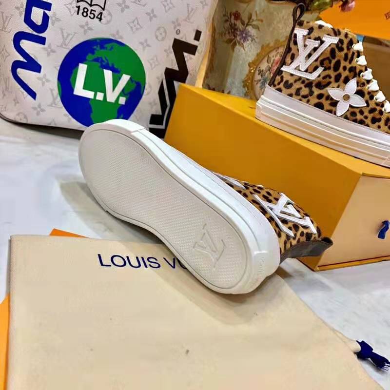 Louis Vuitton LV Unisex Stellar Sneaker Boot in Pony-Styled Calf Leather with Giant LV Monogram Flowers-Brown