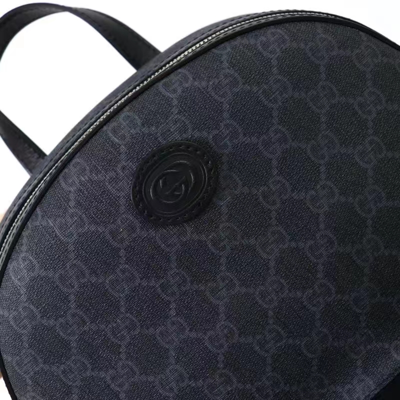 Gucci Unisex Backpack Interlocking G Black GG Supreme Canvas Leather Top Handle